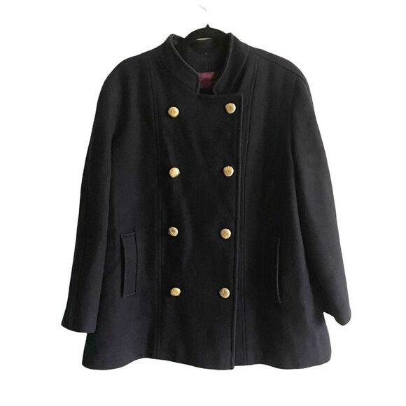 VINTAGE Wool Collarless Double Breasted Fall Winter Jacket Coat Navy Blue XL